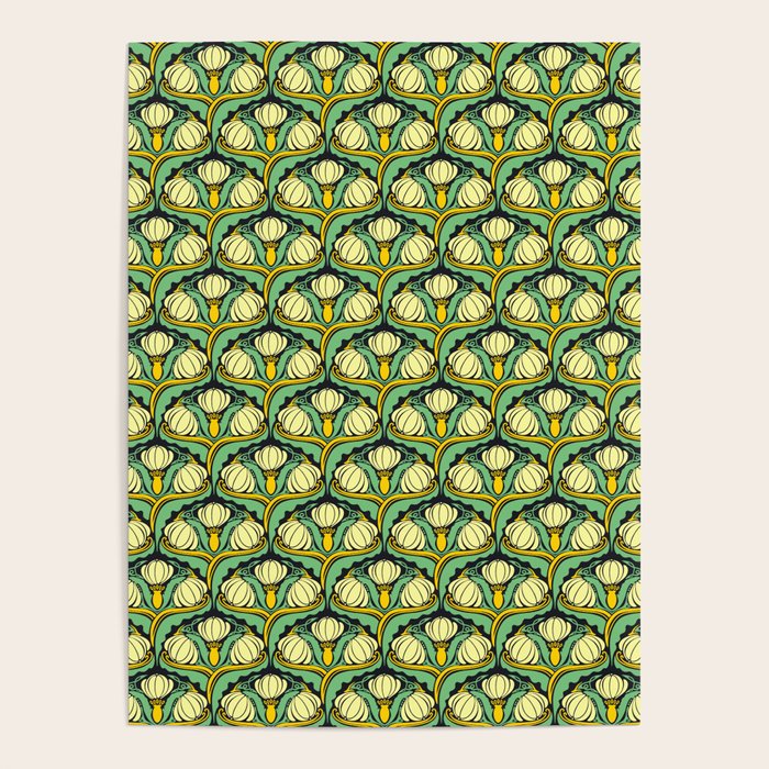 Art Nouveau Pattern 2 Cream Yellow Ochre Sage Green On Dark Blue Poster Gallery Image 4