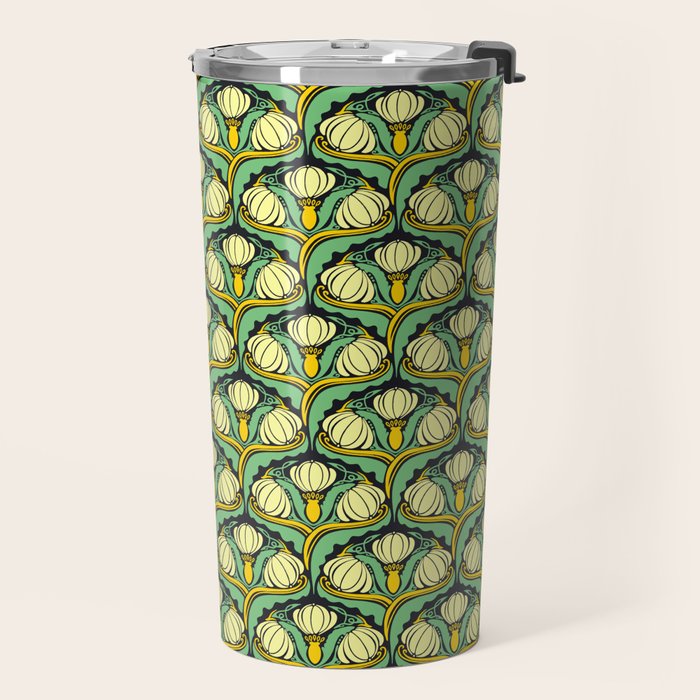 Art Nouveau Pattern 2 Cream Yellow Ochre Sage Green On Dark Blue Travel Mug Gallery Image 2