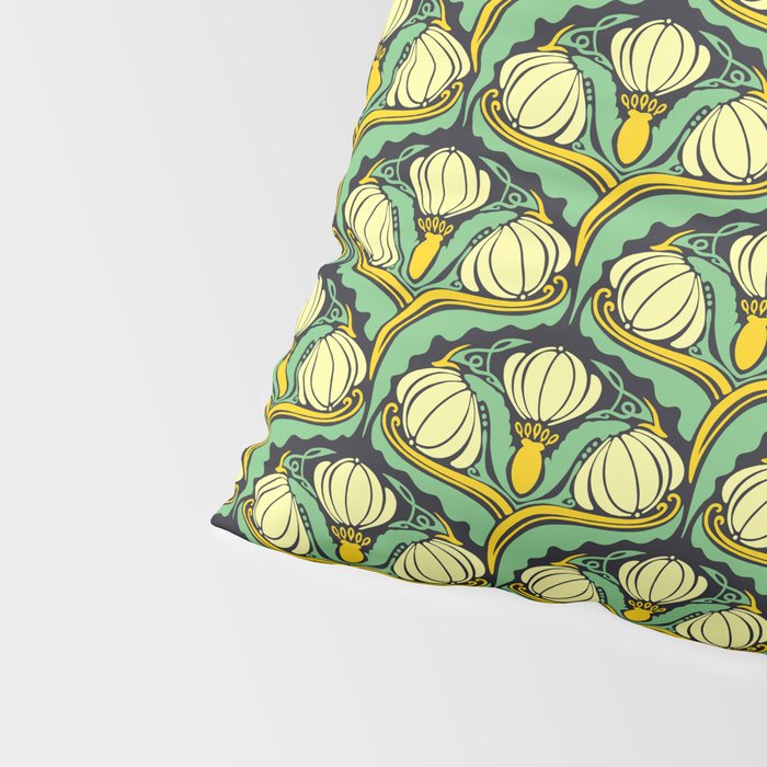Art Nouveau Pattern 2 Cream Yellow Ochre Sage Green On Dark Blue Pillow Sham Gallery Image 4