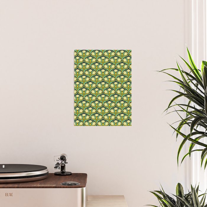 Art Nouveau Pattern 2 Cream Yellow Ochre Sage Green On Dark Blue Poster Gallery Image 2