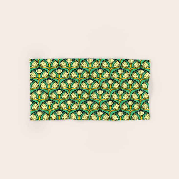Art Nouveau Pattern 2 Cream Yellow Ochre Sage Green On Dark Blue Bath Towel Gallery Image 1