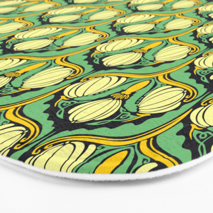 Art Nouveau Pattern 2 Cream Yellow Ochre Sage Green On Dark Blue Bath Mat Gallery Image 3