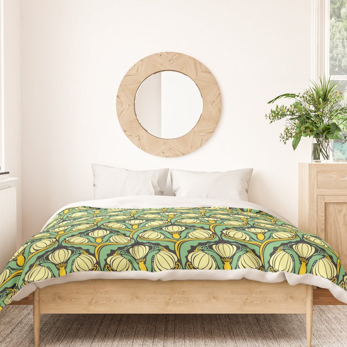 Art Nouveau Pattern 2 Cream Yellow Ochre Sage Green On Dark Blue Duvet Cover Gallery Image 3