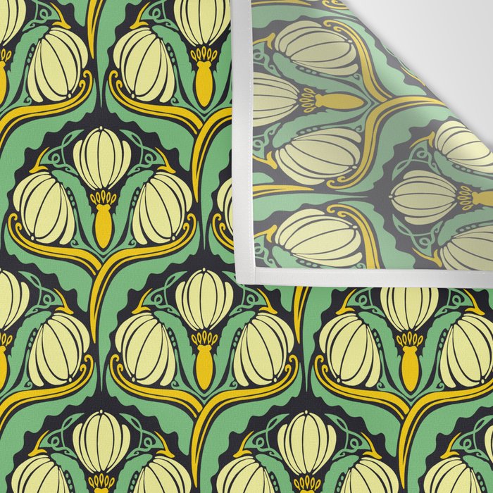 Art Nouveau Pattern 2 Cream Yellow Ochre Sage Green On Dark Blue Wall Tapestry Gallery Image 3