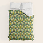 Art Nouveau Pattern 2 Cream Yellow Ochre Sage Green On Dark Blue Duvet Cover Gallery Image 6