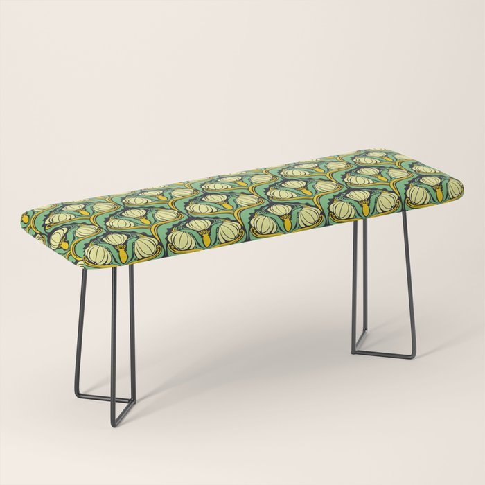 Art Nouveau Pattern 2 Cream Yellow Ochre Sage Green On Dark Blue Bench Gallery Image 1