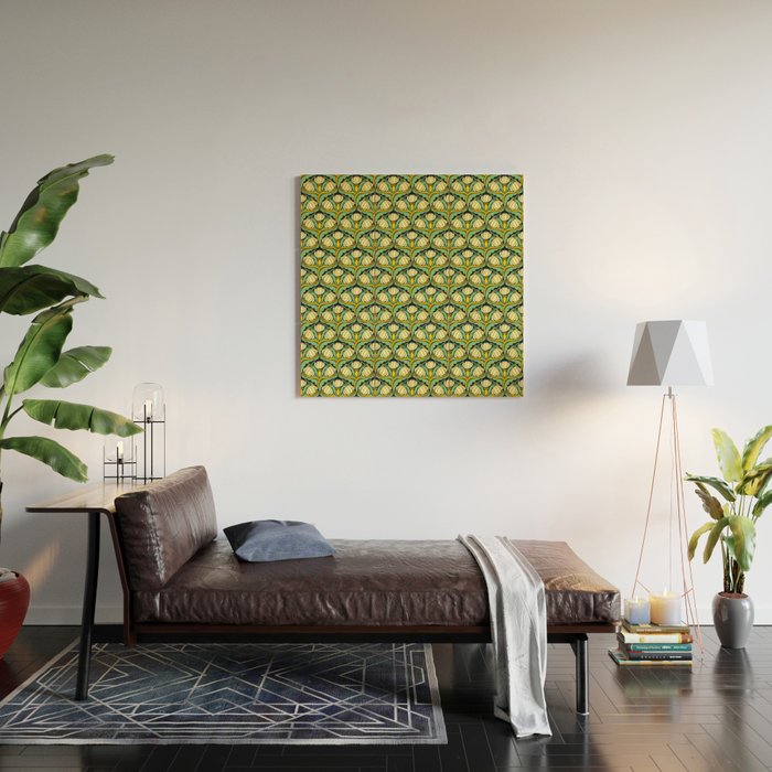 Art Nouveau Pattern 2 Cream Yellow Ochre Sage Green On Dark Blue Wood Wall Art Gallery Image 2