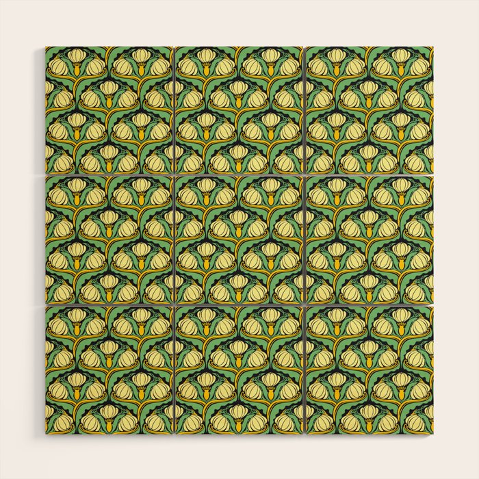 Art Nouveau Pattern 2 Cream Yellow Ochre Sage Green On Dark Blue Wood Wall Art Gallery Image 1