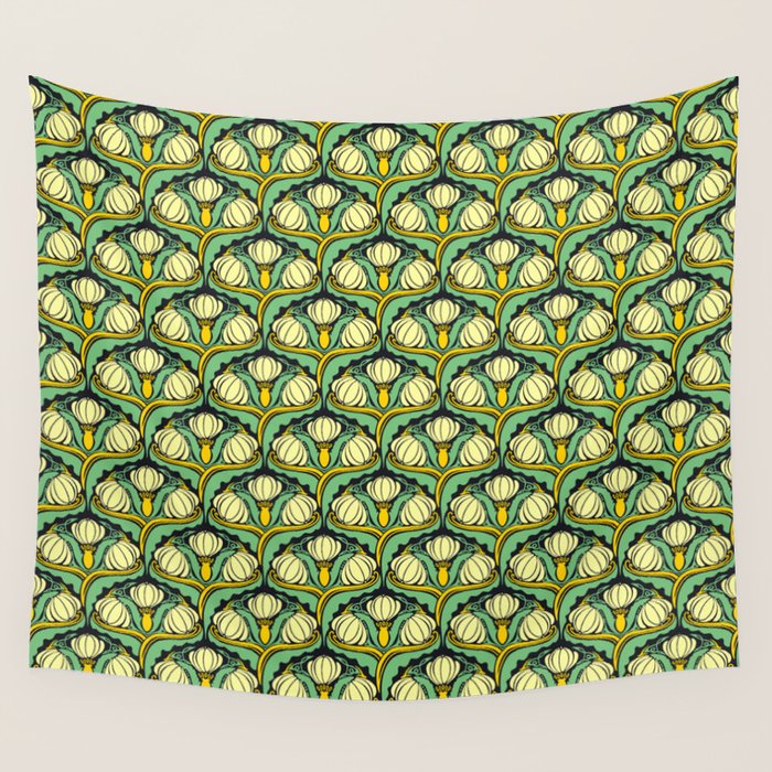 Art Nouveau Pattern 2 Cream Yellow Ochre Sage Green On Dark Blue Wall Tapestry Gallery Image 1