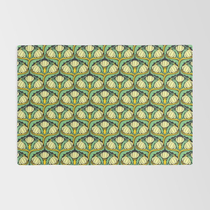 Art Nouveau Pattern 2 Cream Yellow Ochre Sage Green On Dark Blue Rug Gallery Image 2