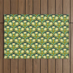 Art Nouveau Pattern 2 Cream Yellow Ochre Sage Green On Dark Blue Outdoor Rug Gallery Image 1