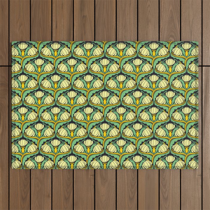 Art Nouveau Pattern 2 Cream Yellow Ochre Sage Green On Dark Blue Outdoor Rug Gallery Image 1