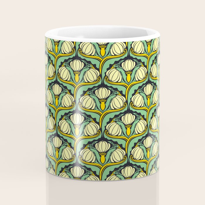 Art Nouveau Pattern 2 Cream Yellow Ochre Sage Green On Dark Blue Coffee Mug Gallery Image 4