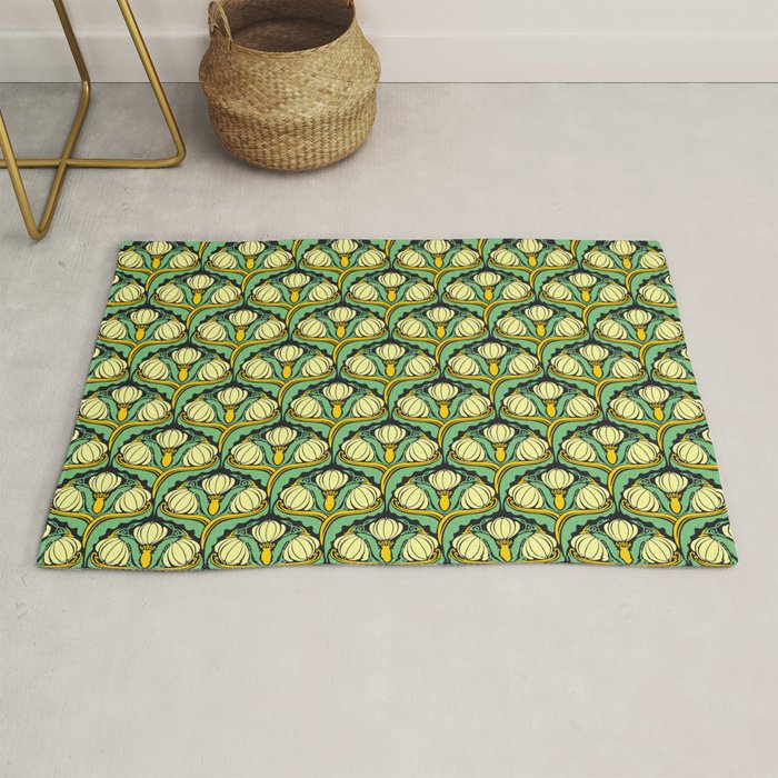 Art Nouveau Pattern 2 Cream Yellow Ochre Sage Green On Dark Blue Rug Gallery Image 1