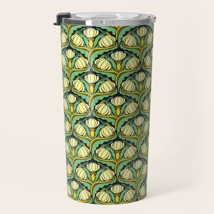 Art Nouveau Pattern 2 Cream Yellow Ochre Sage Green On Dark Blue Travel Mug Gallery Image 3