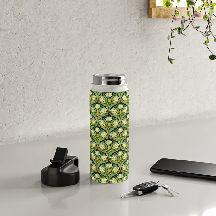 Art Nouveau Pattern 2 Cream Yellow Ochre Sage Green On Dark Blue Water Bottle Gallery Image 4