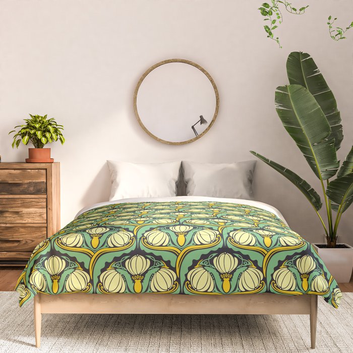 Art Nouveau Pattern 2 Cream Yellow Ochre Sage Green On Dark Blue Comforter Gallery Image 3