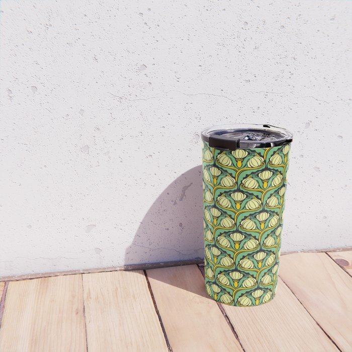 Art Nouveau Pattern 2 Cream Yellow Ochre Sage Green On Dark Blue Travel Mug Gallery Image 4