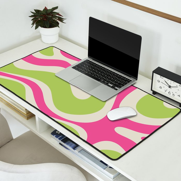 Retro Modern Liquid Swirl in Raspberry Pink and Lime Green Desk Mat Gallery Image 2