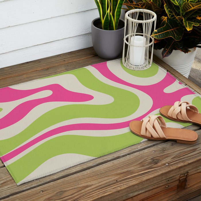Retro Modern Liquid Swirl in Raspberry Pink and Lime Green Outdoor Rug Gallery Image 2