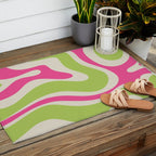 Retro Modern Liquid Swirl in Raspberry Pink and Lime Green Outdoor Rug Gallery Image 2