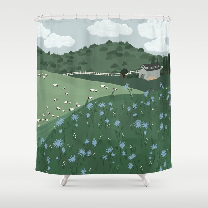 Countryside with Sheep Shower Curtain Gallery Image 1