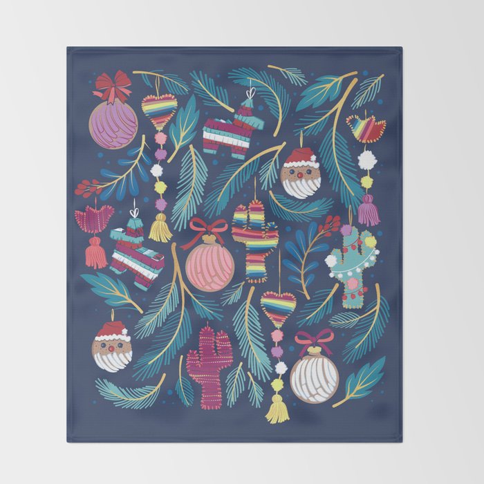 Mexican Christmas Tree // blue background blue pine leaves multicoloured holiday decorations pan dulce balls cacti hearts birds pom-pom garland pinatas santa claus conchas donuts Throw Blanket Gallery Image 2