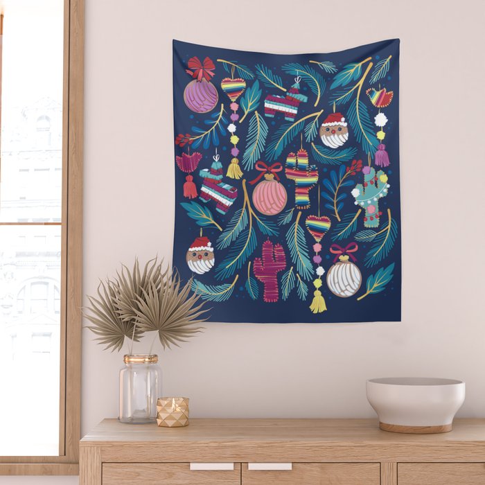 Mexican Christmas Tree // blue background blue pine leaves multicoloured holiday decorations pan dulce balls cacti hearts birds pom-pom garland pinatas santa claus conchas donuts Wall Tapestry Gallery Image 2