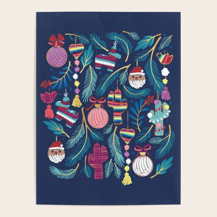 Mexican Christmas Tree // blue background blue pine leaves multicoloured holiday decorations pan dulce balls cacti hearts birds pom-pom garland pinatas santa claus conchas donuts Poster Gallery Image 4