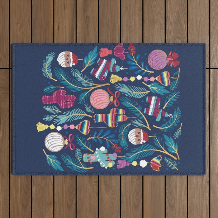 Mexican Christmas Tree // blue background blue pine leaves multicoloured holiday decorations pan dulce balls cacti hearts birds pom-pom garland pinatas santa claus conchas donuts Outdoor Rug Gallery Image 1