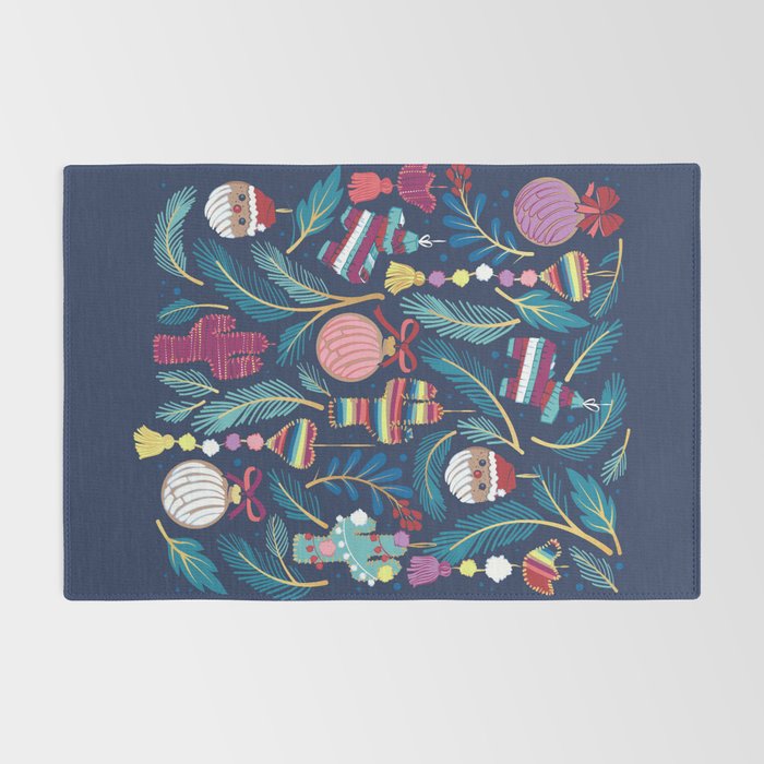 Mexican Christmas Tree // blue background blue pine leaves multicoloured holiday decorations pan dulce balls cacti hearts birds pom-pom garland pinatas santa claus conchas donuts Rug Gallery Image 2