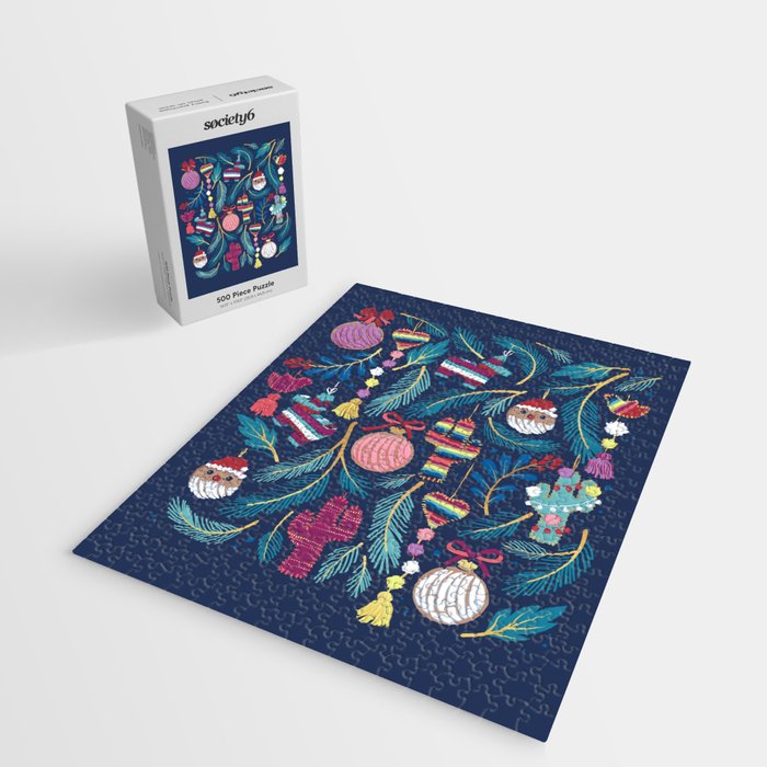 Mexican Christmas Tree // blue background blue pine leaves multicoloured holiday decorations pan dulce balls cacti hearts birds pom-pom garland pinatas santa claus conchas donuts Jigsaw Puzzle Gallery Image 2