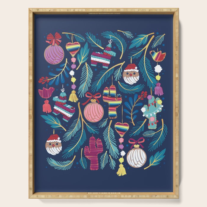 Mexican Christmas Tree // blue background blue pine leaves multicoloured holiday decorations pan dulce balls cacti hearts birds pom-pom garland pinatas santa claus conchas donuts Serving Tray Gallery Image 1