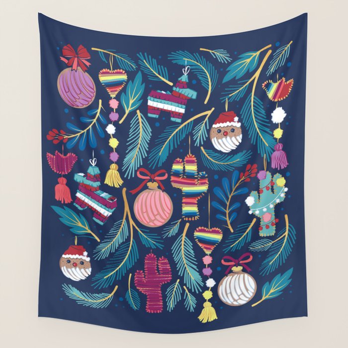 Mexican Christmas Tree // blue background blue pine leaves multicoloured holiday decorations pan dulce balls cacti hearts birds pom-pom garland pinatas santa claus conchas donuts Wall Tapestry Gallery Image 4