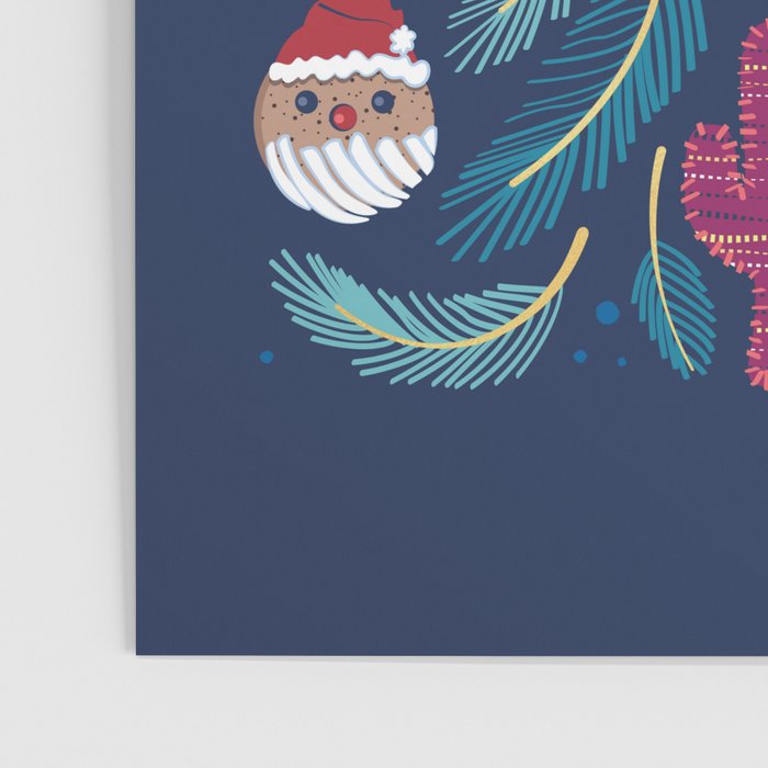 Mexican Christmas Tree // blue background blue pine leaves multicoloured holiday decorations pan dulce balls cacti hearts birds pom-pom garland pinatas santa claus conchas donuts Poster Gallery Image 3