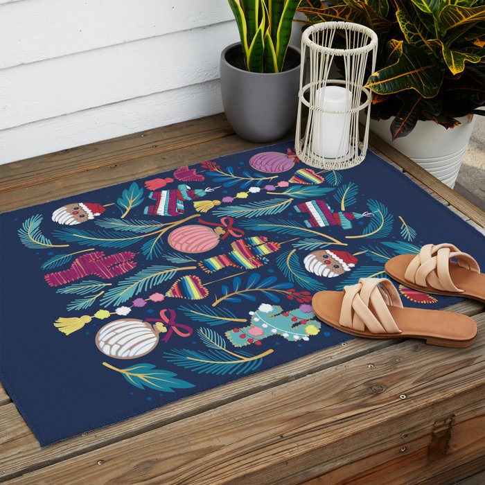 Mexican Christmas Tree // blue background blue pine leaves multicoloured holiday decorations pan dulce balls cacti hearts birds pom-pom garland pinatas santa claus conchas donuts Outdoor Rug Gallery Image 2
