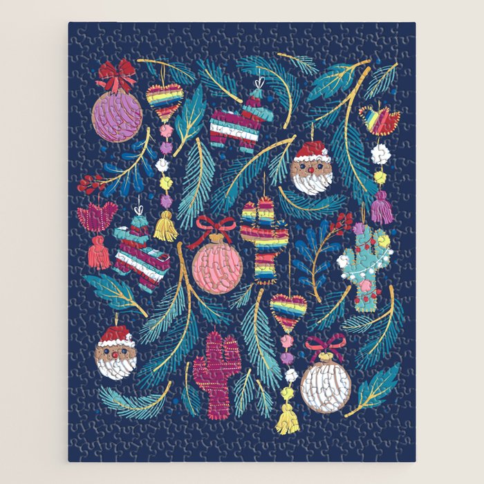 Mexican Christmas Tree // blue background blue pine leaves multicoloured holiday decorations pan dulce balls cacti hearts birds pom-pom garland pinatas santa claus conchas donuts Jigsaw Puzzle Gallery Image 1