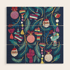 Mexican Christmas Tree // blue background blue pine leaves multicoloured holiday decorations pan dulce balls cacti hearts birds pom-pom garland pinatas santa claus conchas donuts Wood Wall Art Gallery Image 1