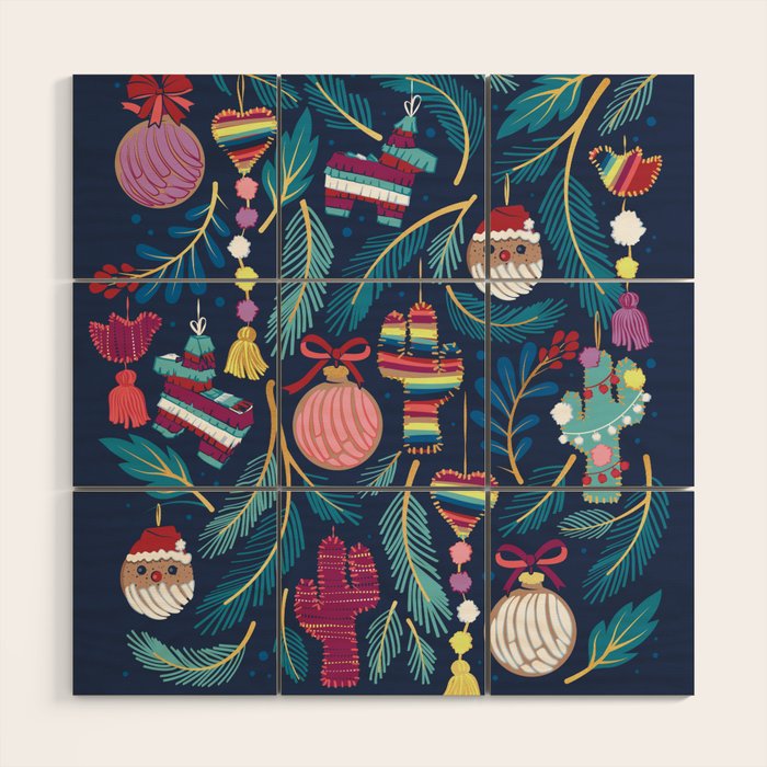 Mexican Christmas Tree // blue background blue pine leaves multicoloured holiday decorations pan dulce balls cacti hearts birds pom-pom garland pinatas santa claus conchas donuts Wood Wall Art Gallery Image 1