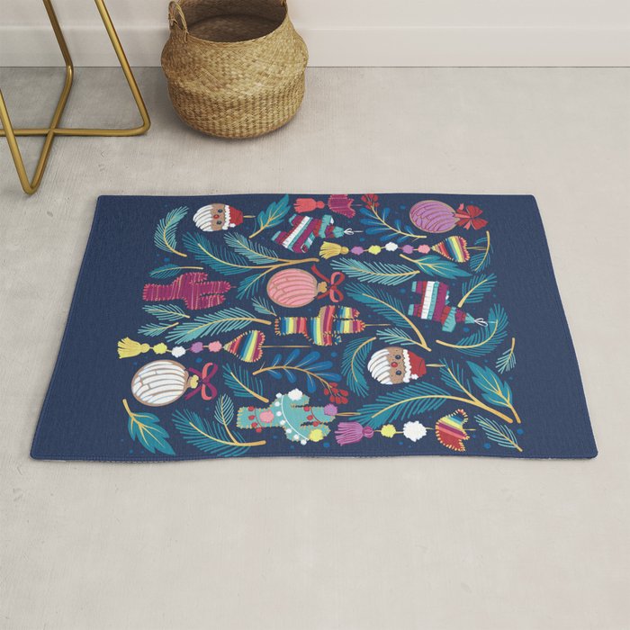 Mexican Christmas Tree // blue background blue pine leaves multicoloured holiday decorations pan dulce balls cacti hearts birds pom-pom garland pinatas santa claus conchas donuts Rug Gallery Image 1