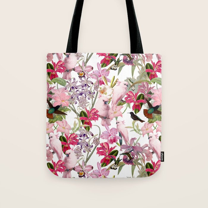 Vintage & Shabby Chic Pink Cockatoo Tropical Flower Jungle Tote Bag Gallery Image 1