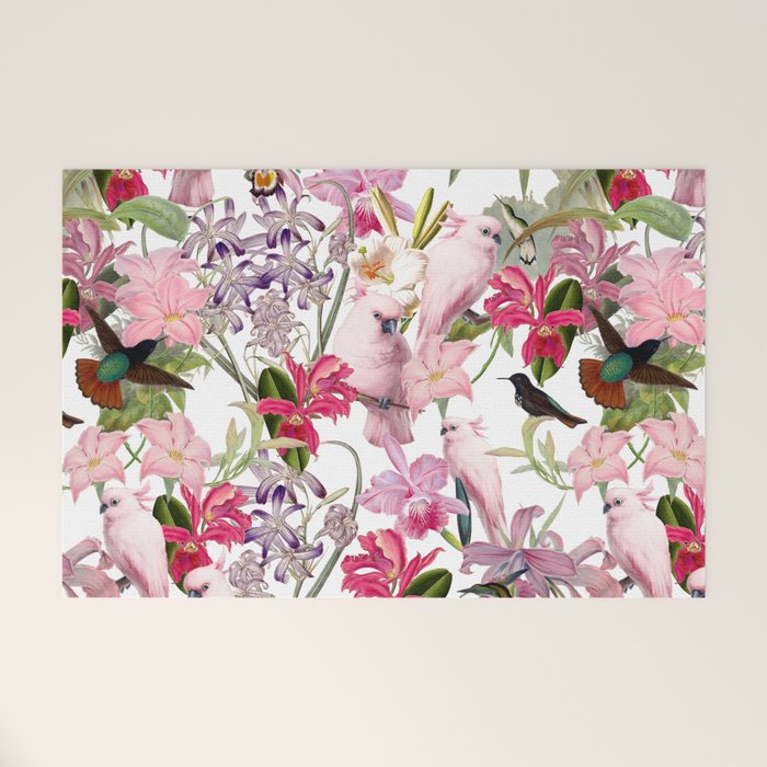 Vintage & Shabby Chic Pink Cockatoo Tropical Flower Jungle Welcome Mat Gallery Image 1