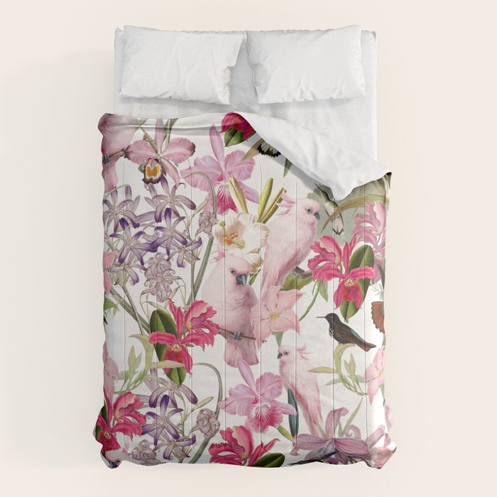 Vintage & Shabby Chic Pink Cockatoo Tropical Flower Jungle Comforter Gallery Image 6
