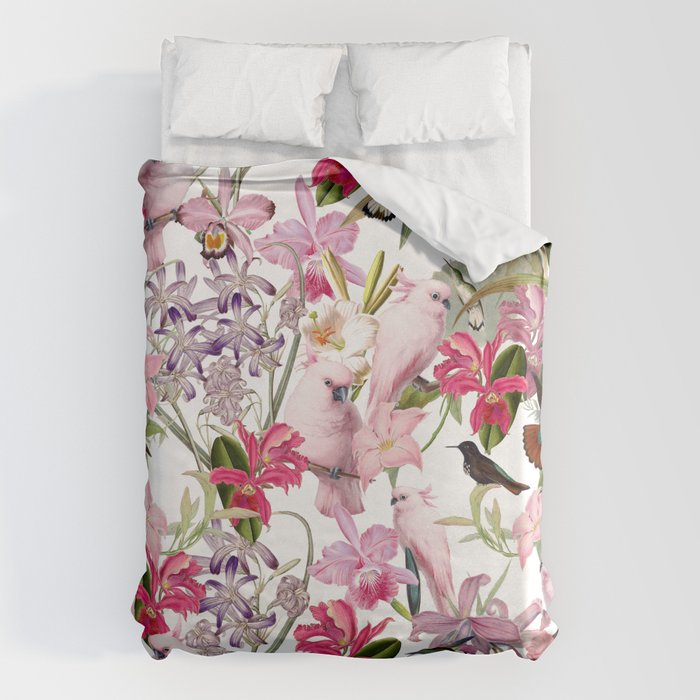 Vintage & Shabby Chic Pink Cockatoo Tropical Flower Jungle Duvet Cover Gallery Image 6