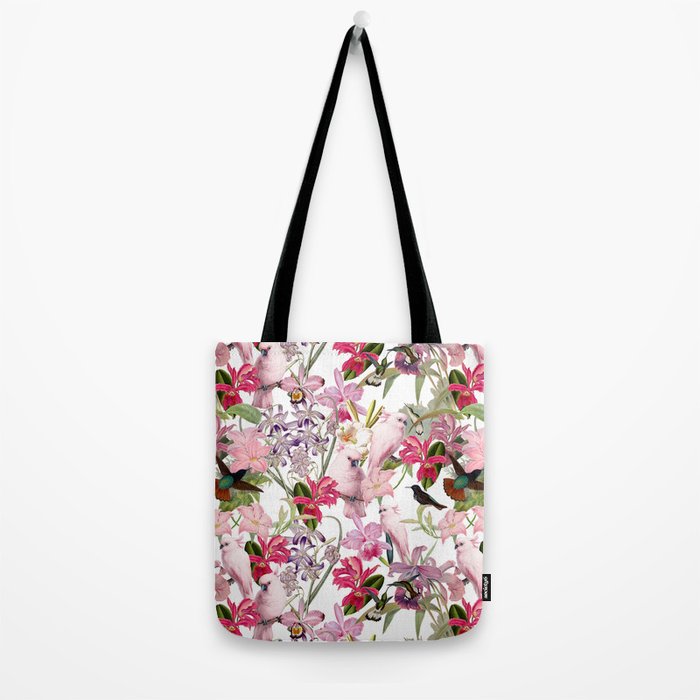 Vintage & Shabby Chic Pink Cockatoo Tropical Flower Jungle Tote Bag Gallery Image 2