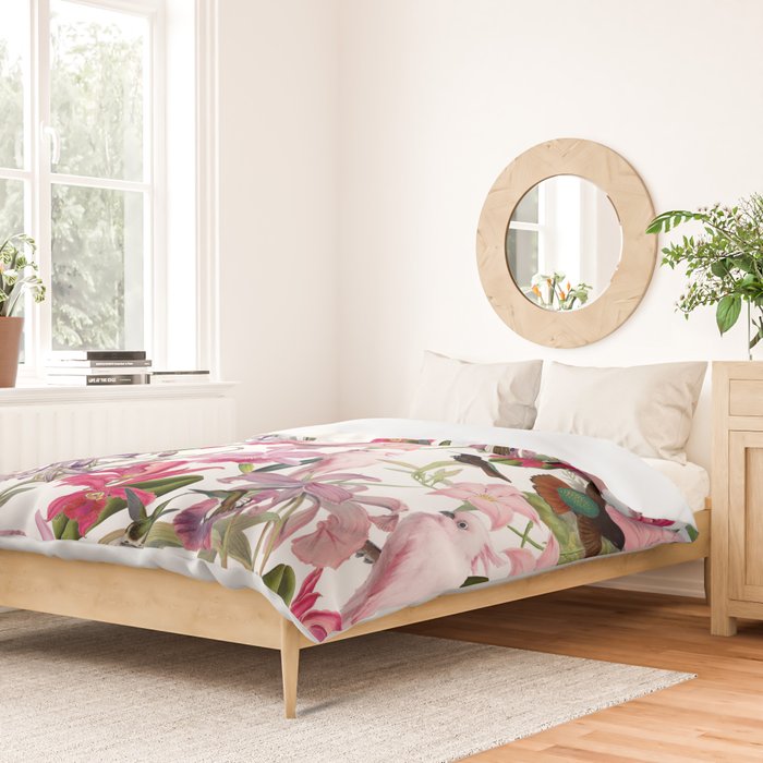Vintage & Shabby Chic Pink Cockatoo Tropical Flower Jungle Duvet Cover Gallery Image 2