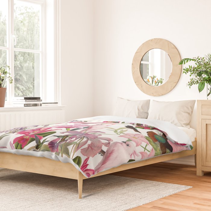 Vintage & Shabby Chic Pink Cockatoo Tropical Flower Jungle Duvet Cover Gallery Image 2