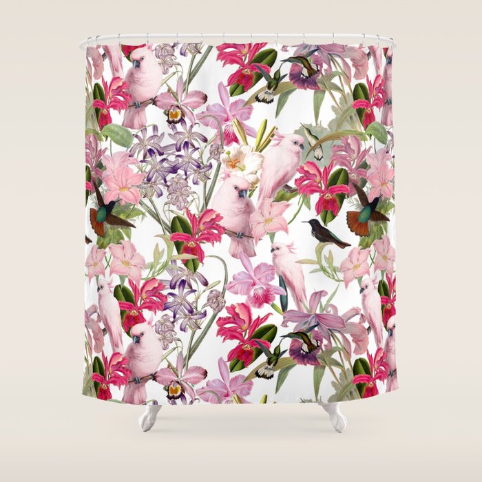 Vintage & Shabby Chic Pink Cockatoo Tropical Flower Jungle Shower Curtain Gallery Image 1