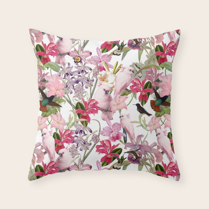 Vintage & Shabby Chic Pink Cockatoo Tropical Flower Jungle Throw Pillow Gallery Image 6