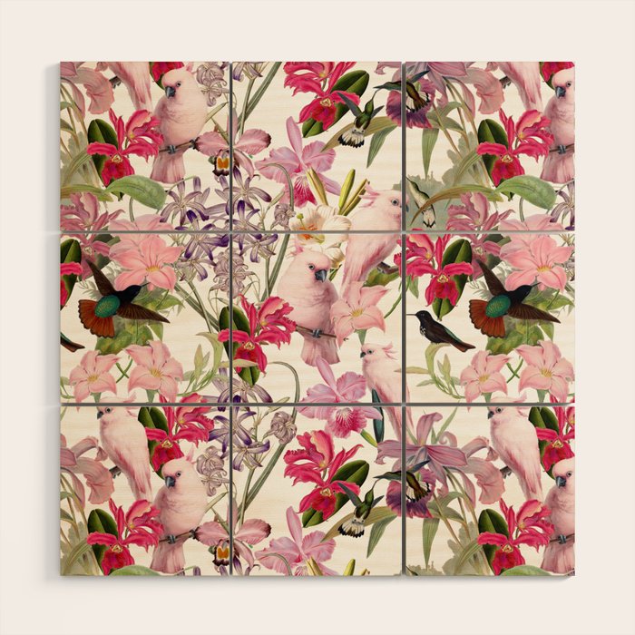 Vintage & Shabby Chic Pink Cockatoo Tropical Flower Jungle Wood Wall Art Gallery Image 1
